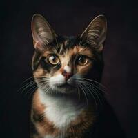 retrato do uma tricolor gato em uma Preto fundo. generativo ai foto