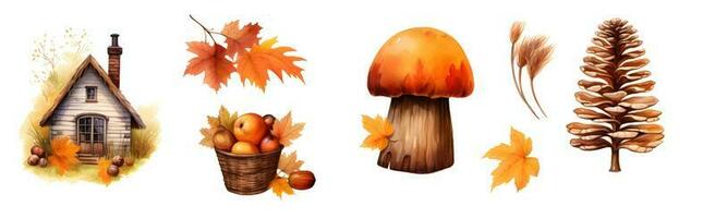 conjunto com colorida outono folhas, cones e cogumelos isolado em branco. Vila casa e colheita com outono temático elementos. generativo ai foto
