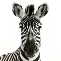 fechar-se retrato do uma zebra em uma branco fundo. generativo ai foto