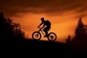 uma homem vôo através a ar enquanto equitação uma bicicleta. ai generativo foto