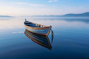 pequeno barco em uma calma lago, panorama fotografia. ai generativo foto