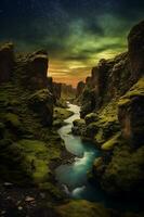 Islândia flora rodopiando noite céu aurora boreal canyon. ai generativo foto