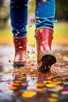 ampliação dentro em uma par do brilhantemente colori chuva chuteiras espirrando através poças. ai generativo foto