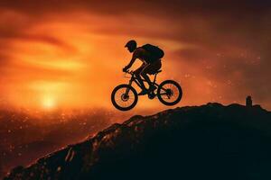 uma homem vôo através a ar enquanto equitação uma bicicleta. ai generativo foto