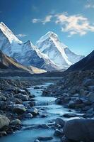 a base do montar Everest a partir de uma rochoso chão, dentro a estilo do luz céu. ai generativo foto