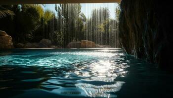 tranquilo cena do tropical beleza, água reflete gerado de ai foto