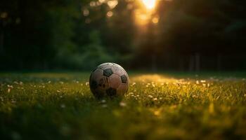 jogando futebol em verde Relva debaixo Sol gerado de ai foto