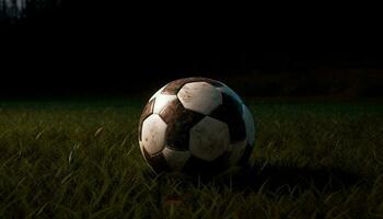 equipe sucesso em verde futebol campo às noite gerado de ai foto