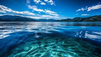 tranquilo reflexão do majestoso montanha alcance embaixo da agua gerado de ai foto