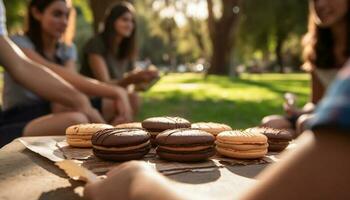 amigos desfrutando uma piquenique com doce guloseimas gerado de ai foto