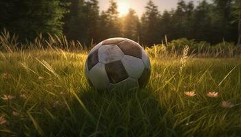 jogando futebol em verde Prado debaixo luz solar gerado de ai foto