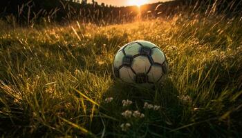 jogando futebol em verde campo debaixo Sol gerado de ai foto