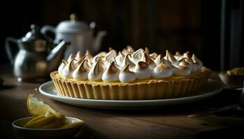 recentemente cozido caseiro doce torta em rústico mesa gerado de ai foto