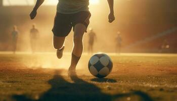 homens chutando futebol bola, competindo dentro campeonato gerado de ai foto