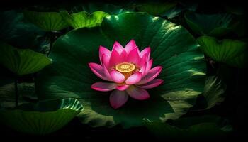 Rosa lótus Flor flutua dentro tranquilo lagoa gerado de ai foto