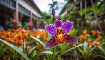 vibrante cores do orquídea ramalhete dentro vaso gerado de ai foto