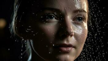 lindo jovem mulher olhando triste dentro chuva gerado de ai foto