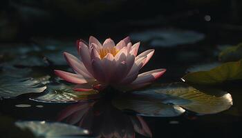 lótus Flor flutua em tranquilo lagoa água gerado de ai foto