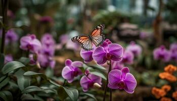 vibrante borboleta poliniza delicado Rosa orquídea Flor gerado de ai foto