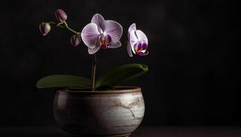 fresco Rosa orquídea dentro ornamentado vaso decoração gerado de ai foto