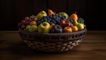 fresco fruta tigela em de madeira mesa dentro de casa gerado de ai foto