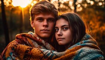 sorridente casal abraços natureza, amor e união gerado de ai foto