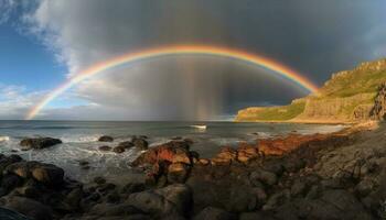 pôr do sol tintas majestoso arco Iris em rochoso litoral gerado de ai foto