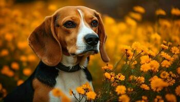 pequeno beagle cachorro sentado dentro Relva Prado gerado de ai foto