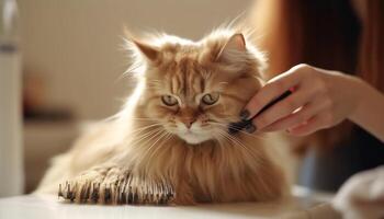 fofa gatinho jogando com proprietário dentro acolhedor casa gerado de ai foto