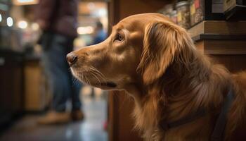 dourado retriever cachorro sentado dentro de casa, esperando para amor gerado de ai foto