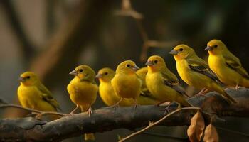pequeno pássaros empoleirar-se em ramo dentro floresta gerado de ai foto