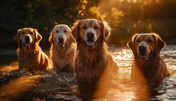 dourado retriever e amigos jogando dentro água gerado de ai foto