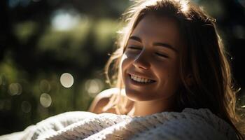 1 lindo mulher sorridente, desfrutando natureza frescor gerado de ai foto