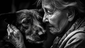 Senior casal abraços fiel cachorro dentro natureza gerado de ai foto