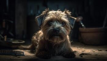 pequeno terrier cachorro sentado em de madeira mesa gerado de ai foto