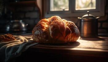 rústico pão cozido dentro madeira disparamos forno gerado de ai foto