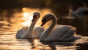 mudo cisnes graça tranquilo lago, refletindo beleza gerado de ai foto