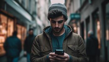 caucasiano homem dentro encapuzado camisa mensagens de texto em telefone gerado de ai foto