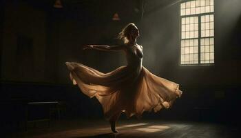 elegante balé dançarino executa em etapa com graça gerado de ai foto