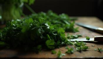 fresco orgânico salada com saudável folha vegetais, ervas, e especiarias gerado de ai foto