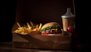 grelhado carne hamburguer com queijo e fritas gerado de ai foto