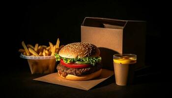 grelhado Hamburguer de queijo e fritas, uma clássico refeição gerado de ai foto