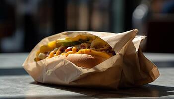 grelhado carne sanduíche, fritas, e caseiro especiaria gerado de ai foto