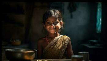 feliz jovem indiano mulher e criança cozinhando juntos gerado de ai foto