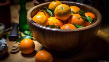 rústico mesa, tigela do citrino fruta frescor gerado de ai foto