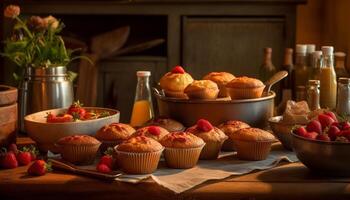 recentemente cozido caseiro bolos, gourmet indulgência dentro de casa gerado de ai foto