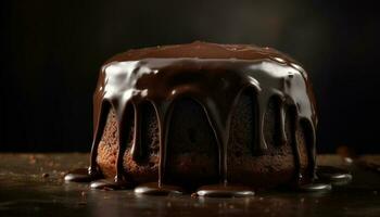 indulgente caseiro chocolate doce de açúcar bolo em rústico mesa gerado de ai foto