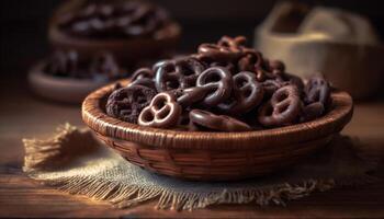 rústico chocolate lasca biscoitos em de madeira mesa gerado de ai foto