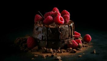 indulgente chocolate framboesa Brownie com fresco baga decoração gerado de ai foto