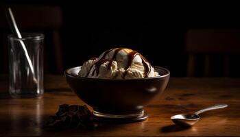 doce Comida indulgência em rústico madeira mesa gerado de ai foto